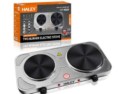 Plita Electrica HALEY HY-1893, 2 Zone de Gatit, Putere 1500W + 1000W, Design Elegant din Otel Inoxidabil